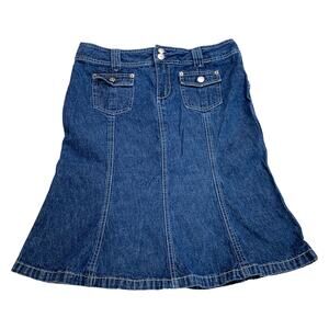 Vintage Y2K UnionBay Denim Jean Front Pocket Midi Knee Length Flare Skirt 11